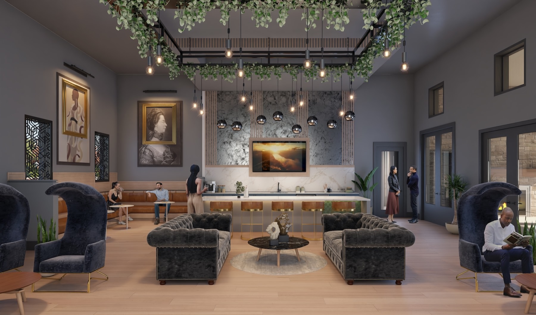 large room with couches and plants hanging from the ceiling