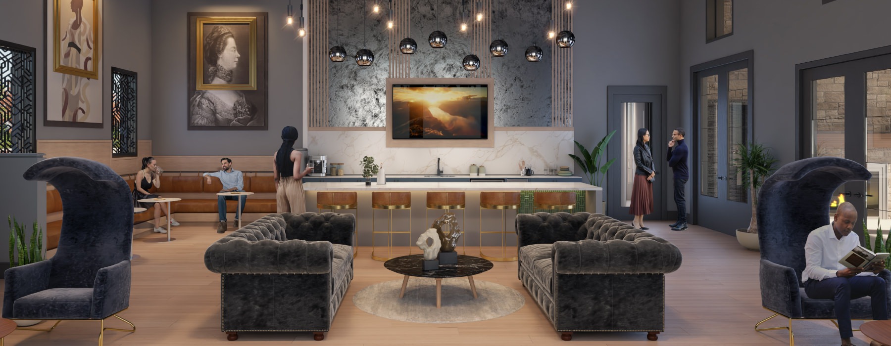 a room with people and chairs
